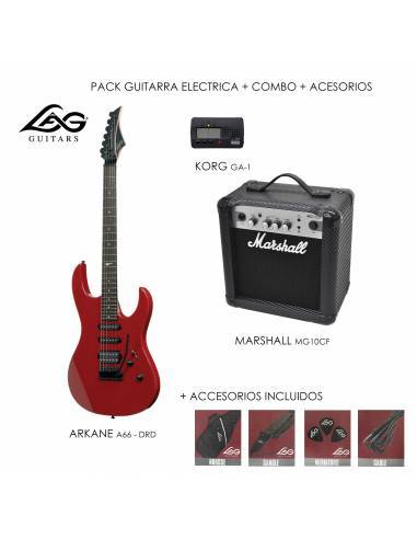 Pack Guitarra Eléctrica Lag A66M Roja + Combo Marshall + Accesorios